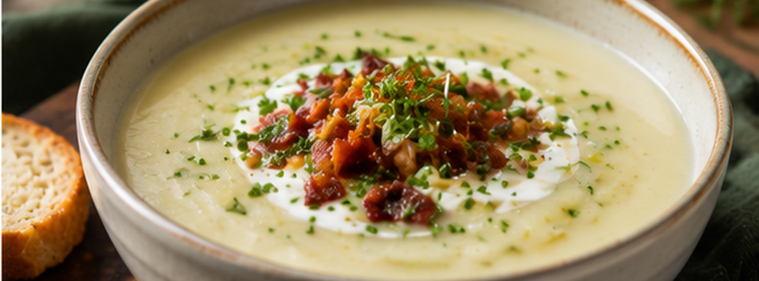 Soupe crémeuse de pommes de terre et poireaux au bouillon concentré d’os de bœuf