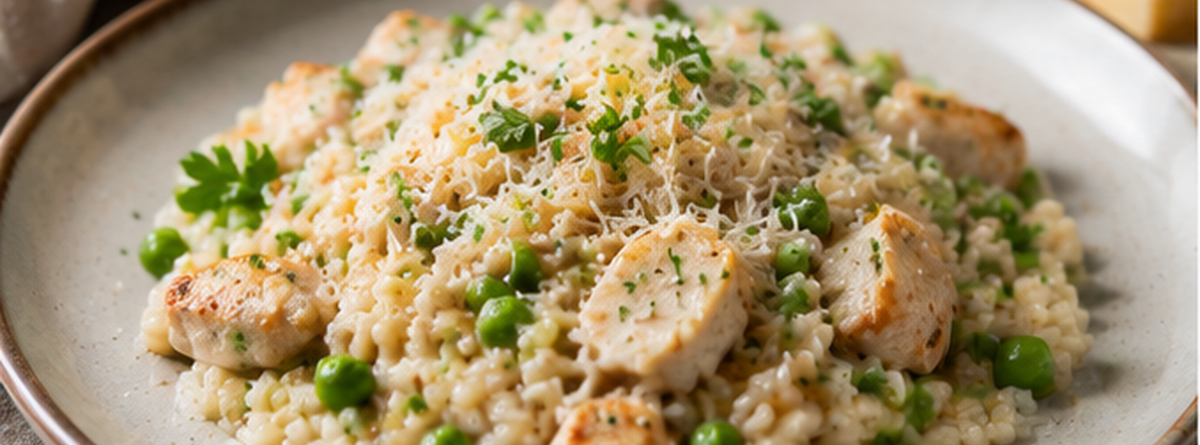 Poêlée crémeuse de poulet au riz avec petits pois et bouillon