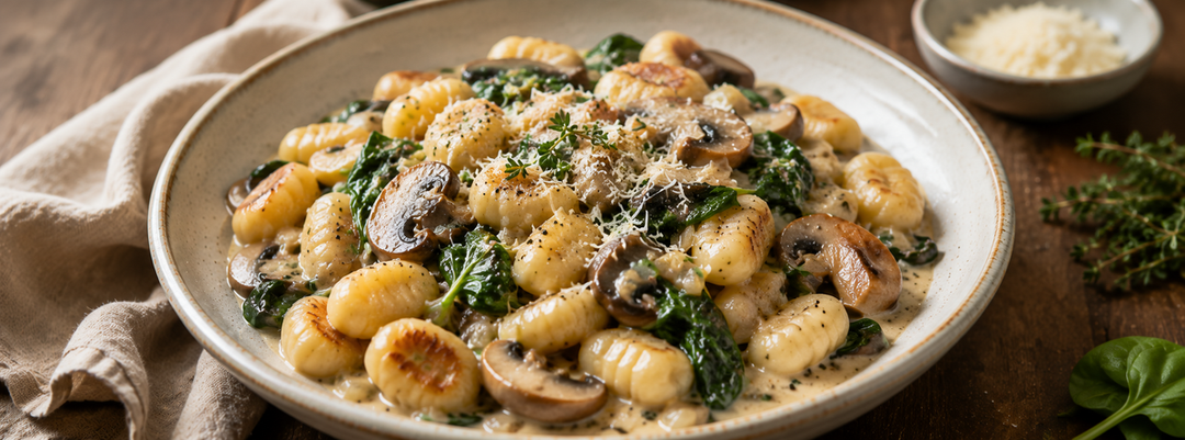 Poêlée crémeuse de gnocchis aux champignons et bouillon concentré de os de bœuf
