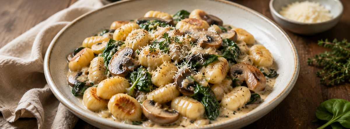 Poêlée crémeuse de gnocchis aux champignons et bouillon concentré de os de bœuf